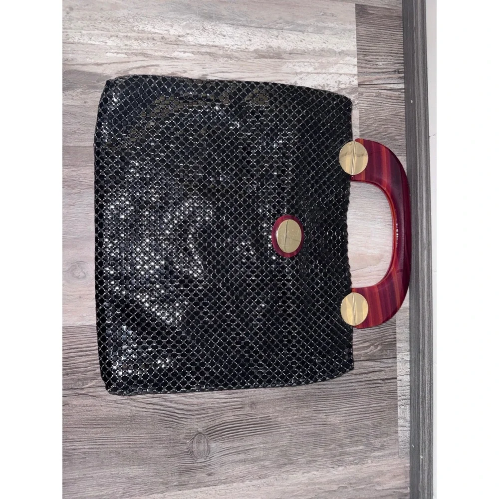 Whiting and Davis Black Metal Mesh Handbag Red Lucite Handle Vintage USA Made